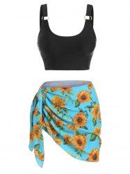 O Ring Sunflower Print Three Piece Tankini Swimwear -  