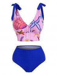 Marine Striped Tie Shoulder High Rise Tankini Swimwear -  
