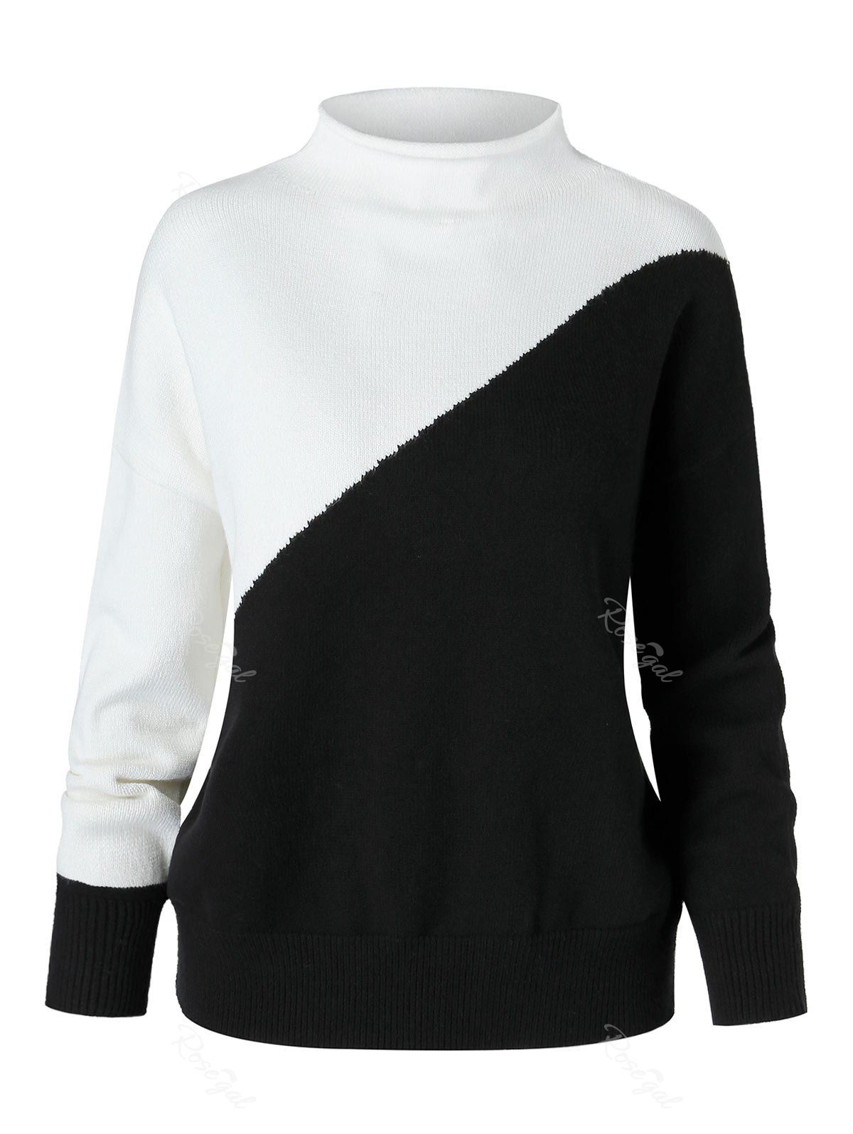 Latest Plus Size Two Tone Bicolor Mock Neck Drop Shoulder Sweater  