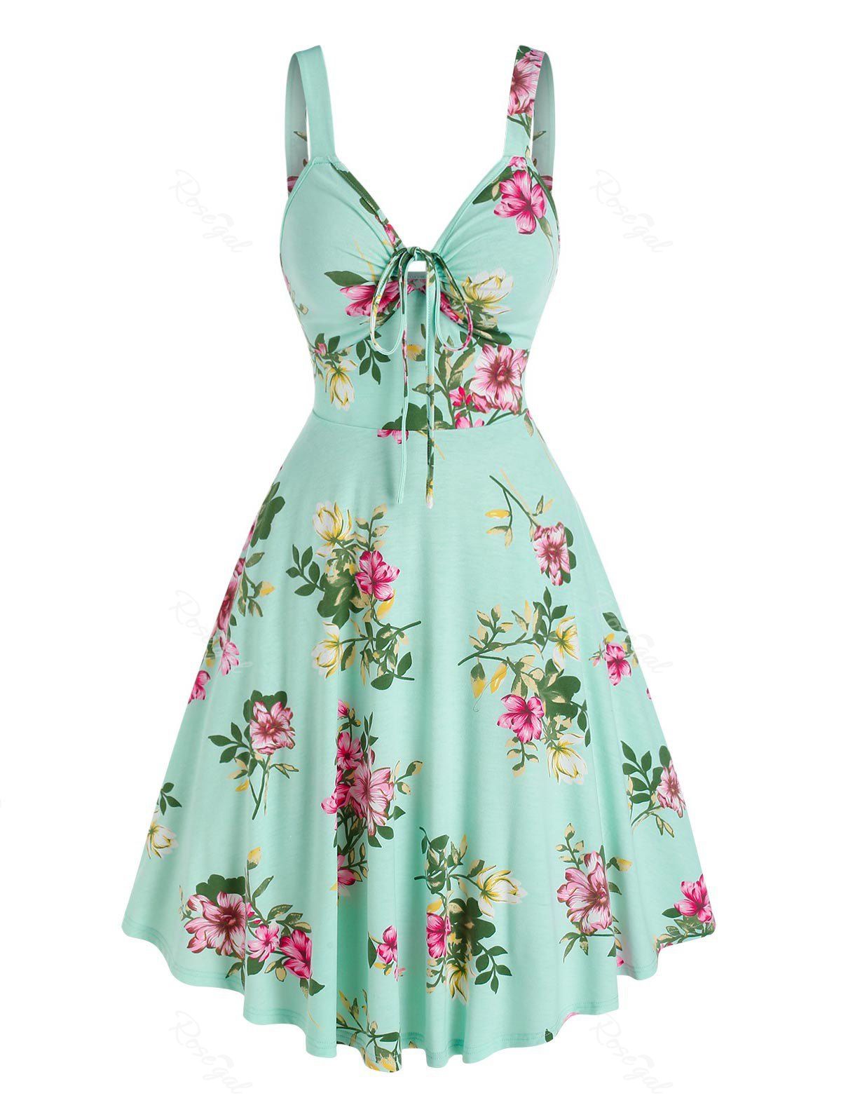 Outfit Front Tie Floral Print Knee Length Dress  