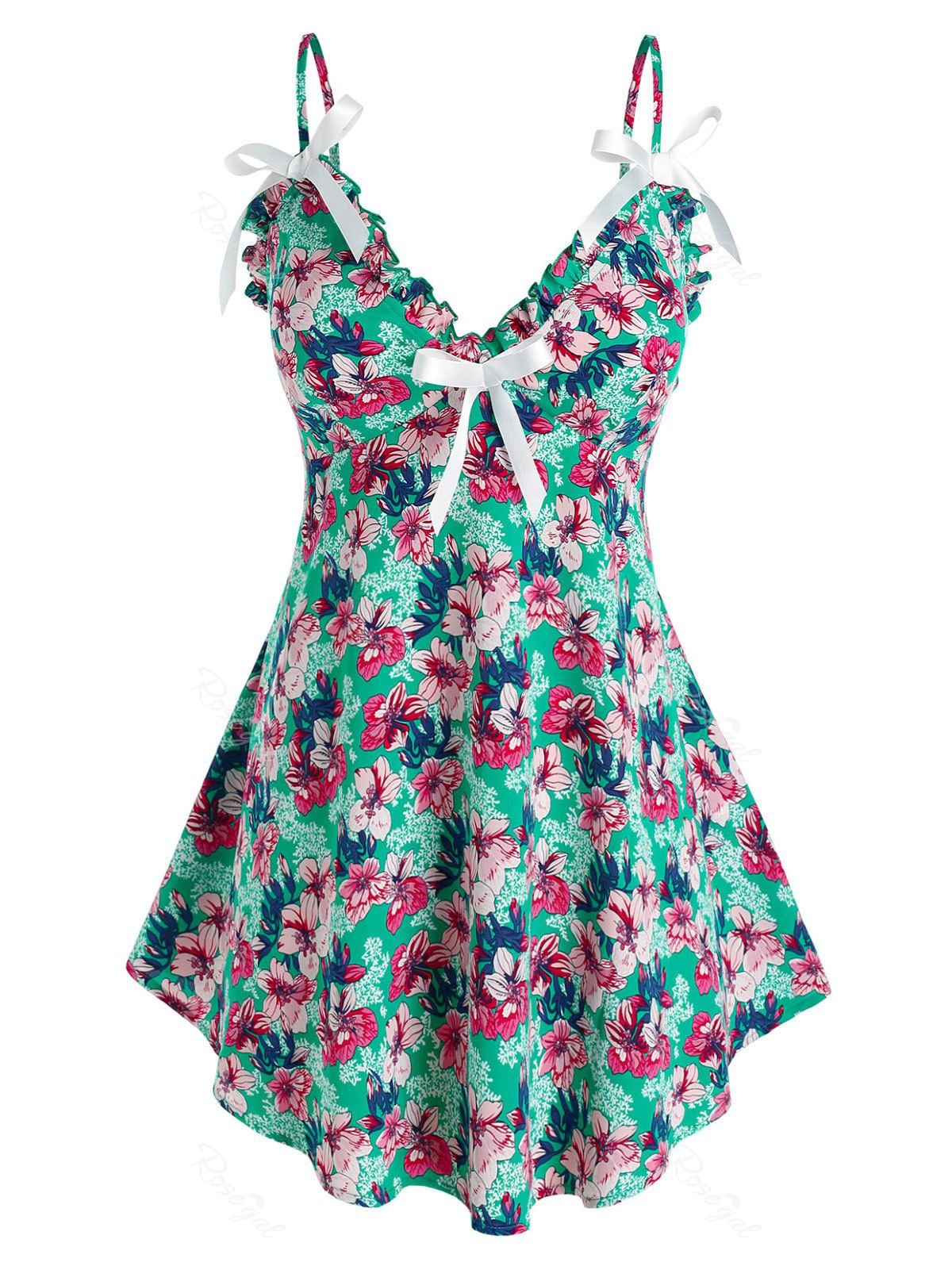 Hot Plus Size Floral Frill Bowknot Cami Tank Top  