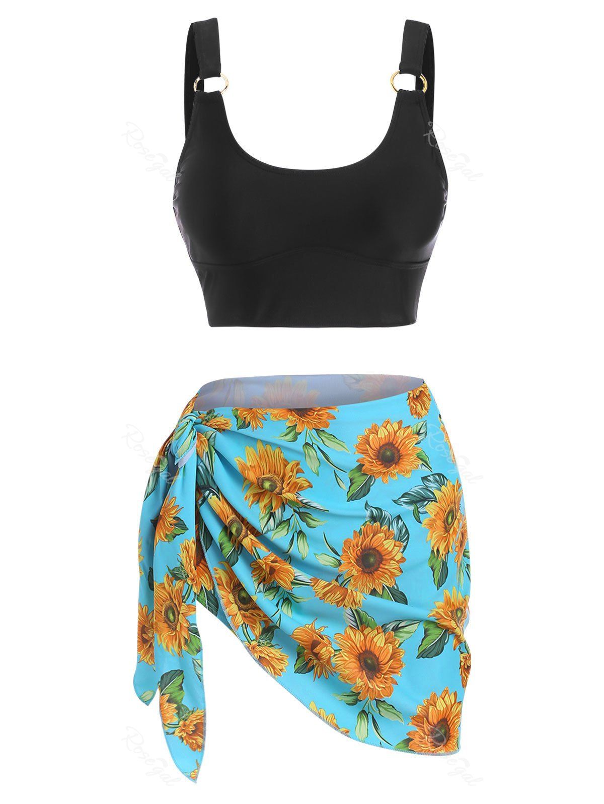 Chic O Ring Sunflower Print Three Piece Tankini Swimwear  