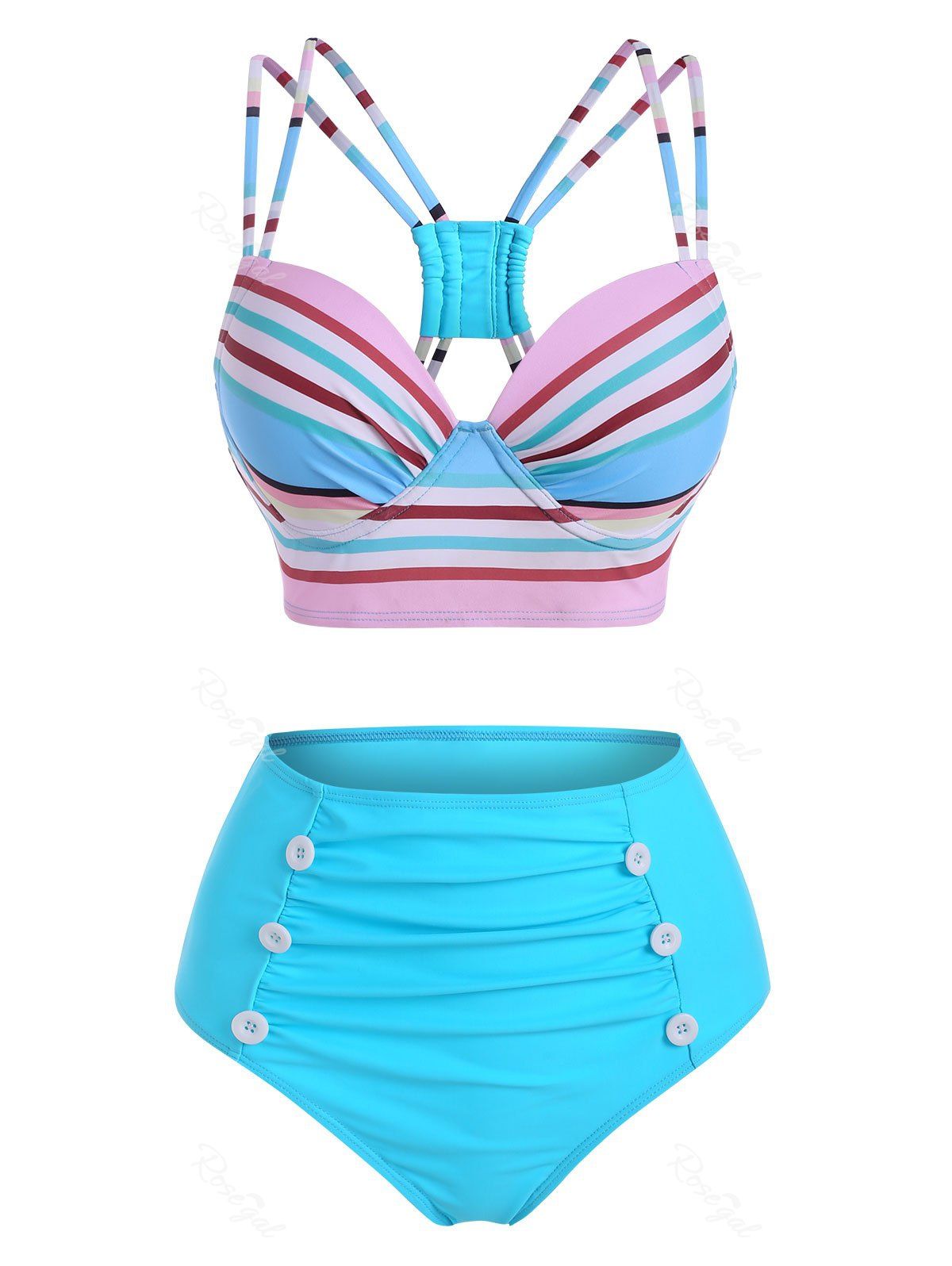 Store Colorful Striped Strappy Mock Button Ruched Bikini Swimwear  