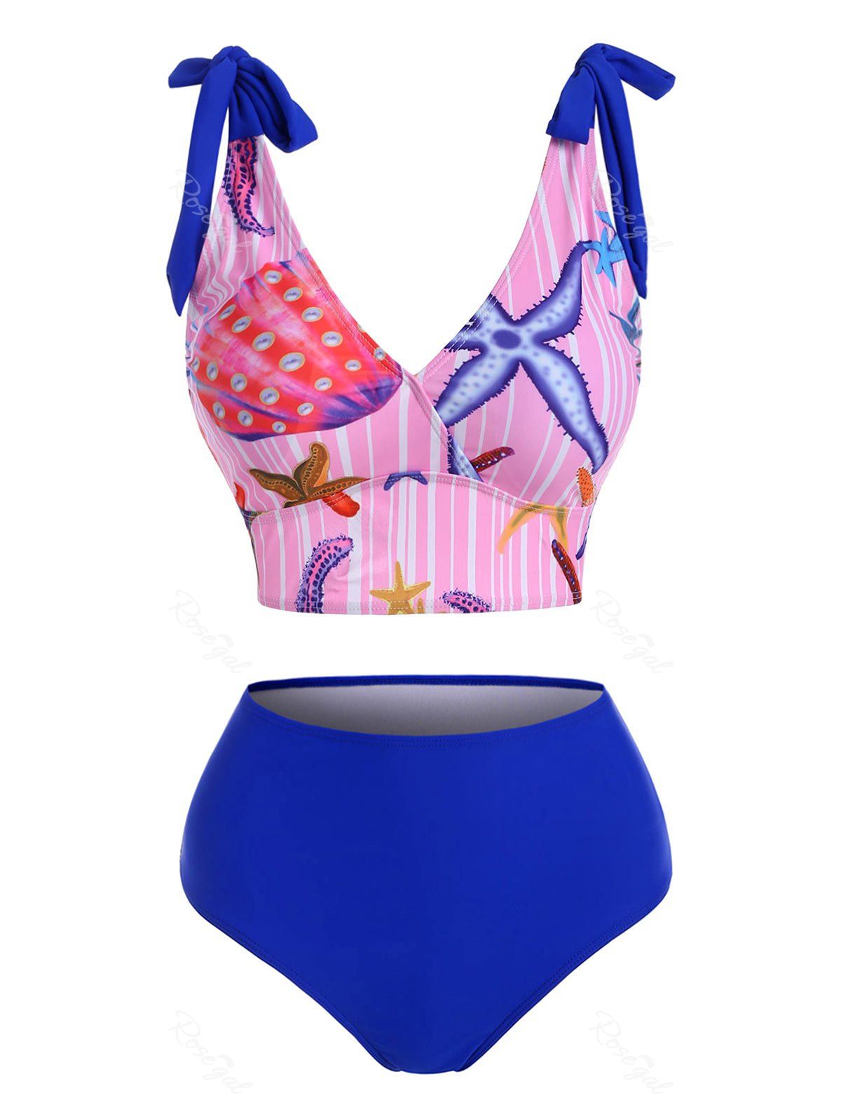 Cheap Marine Striped Tie Shoulder High Rise Tankini Swimwear  