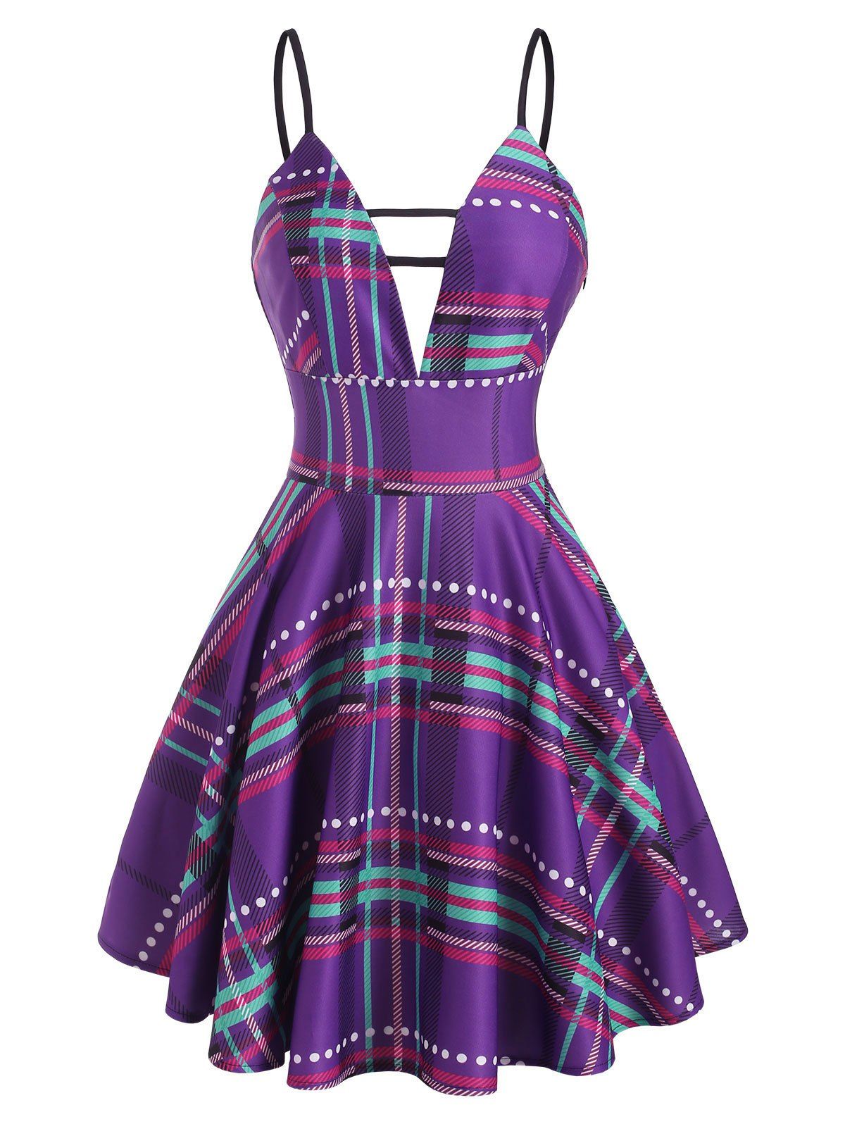 Trendy Plaid Plunge Front Ladder Cut Mini Dress  