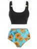 O Ring Sunflower Print Three Piece Tankini Swimwear -  