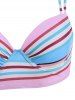 Colorful Striped Strappy Mock Button Ruched Bikini Swimwear -  