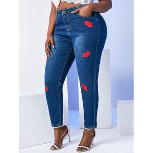 

Mid Rise Lips Patched Plus Size Skinny Jeans, Deep blue