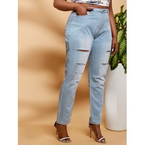 

Ladder Distressed Mid Rise Plus Size Skinny Jeans, Light blue