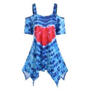 

Plus Size Tie Dye Valentine Heart Hanky Hem Cold Shoulder Tee, Blue