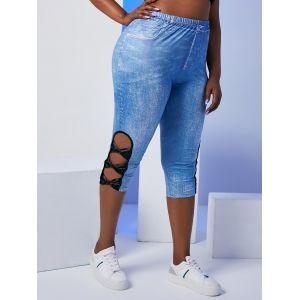 

Bowknot Cutout Side 3D Print Plus Size Capri Jeggings, Blue