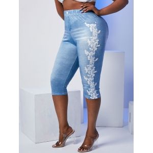 

Plus Size 3D Lace Denim Print Cropped Jeggings, Blue