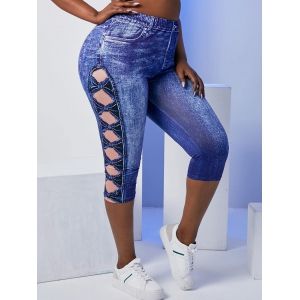 

Plus Size 3D Jean Print Capri High Waisted Jeggings, Blue