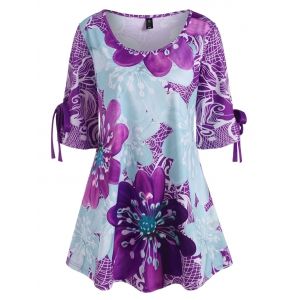 

Plus Size Floral Tied Cuffs Tunic Top, Light purple