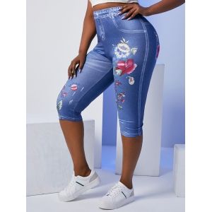 

Plus Size Wildflower 3D Jean Print High Waisted Capri Jeggings, Blue