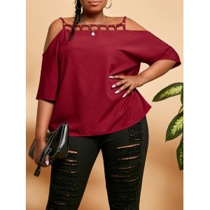

Plus Size Rings Ladder Cutout Cold Shoulder Blouse, Deep red
