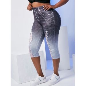

Plus Size Lace-up 3D Jean Pattern Capri Jeggings, White