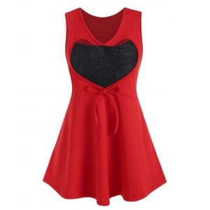 

Plus Size Valentine Heart Lace Panel Cutout Tank Top, Red