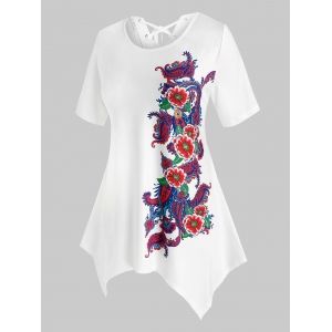 

Plus Size Handkerchief Floral Print Lace Up Tee, White
