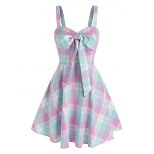 

Plaid Print Bowknot Detail Sleeveless Dress, Multi