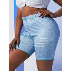 

Plus Size High Rise 3D Ripped Denim Print Short Jeggings, Light blue