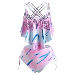 

Plus Size Tie Dye Criss Cross Cinched Draped Tankini Swimwear, Light purple