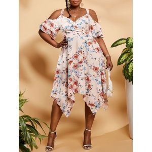 

Plus Size Flower Surplice Open Shoulder Hanky Hem Flounce Dress, Light pink