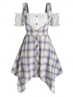 Plus Size Off The Shoulder Crop Top and Handkerchief Plaid Dress Set - MULTI - L