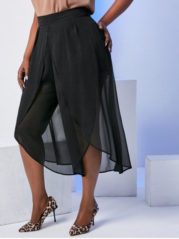Pantalon Culotte à Jambes Larges en Mousseline de Grande Taille - BLACK - 4X