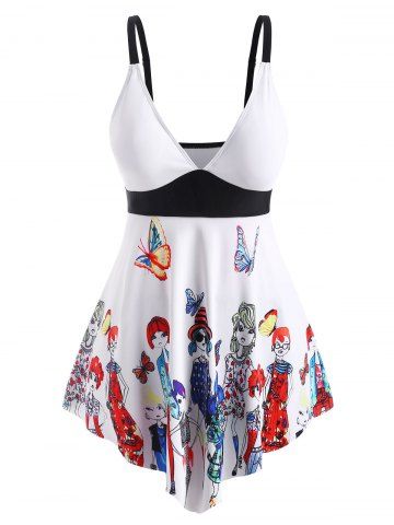 Plus Size Figure Butterfly Skirted Empire Waist Modest Tankini Swimwear - WHITE - 1X