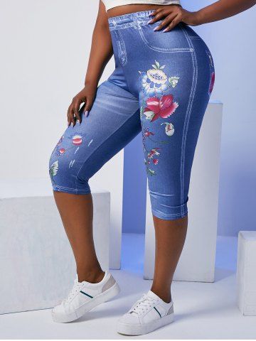 Plus Size Wildflower 3D Jean Print High Waisted Capri Jeggings - BLUE - 4X