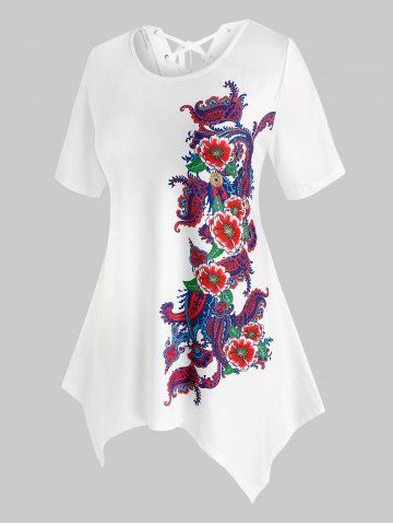 Plus Size Handkerchief Floral Print Lace Up Tee - WHITE - L