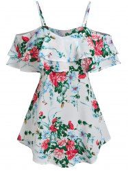 Cold Shoulder Flower Print Flounce T-shirt -  