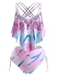 Plus Size Tie Dye Criss Cross Cinched Draped Tankini Swimwear -  