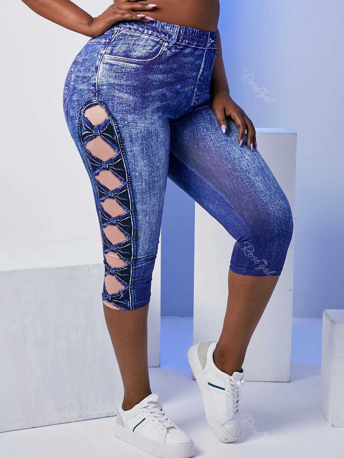 Affordable Plus Size 3D Jean Print Capri High Waisted Jeggings  