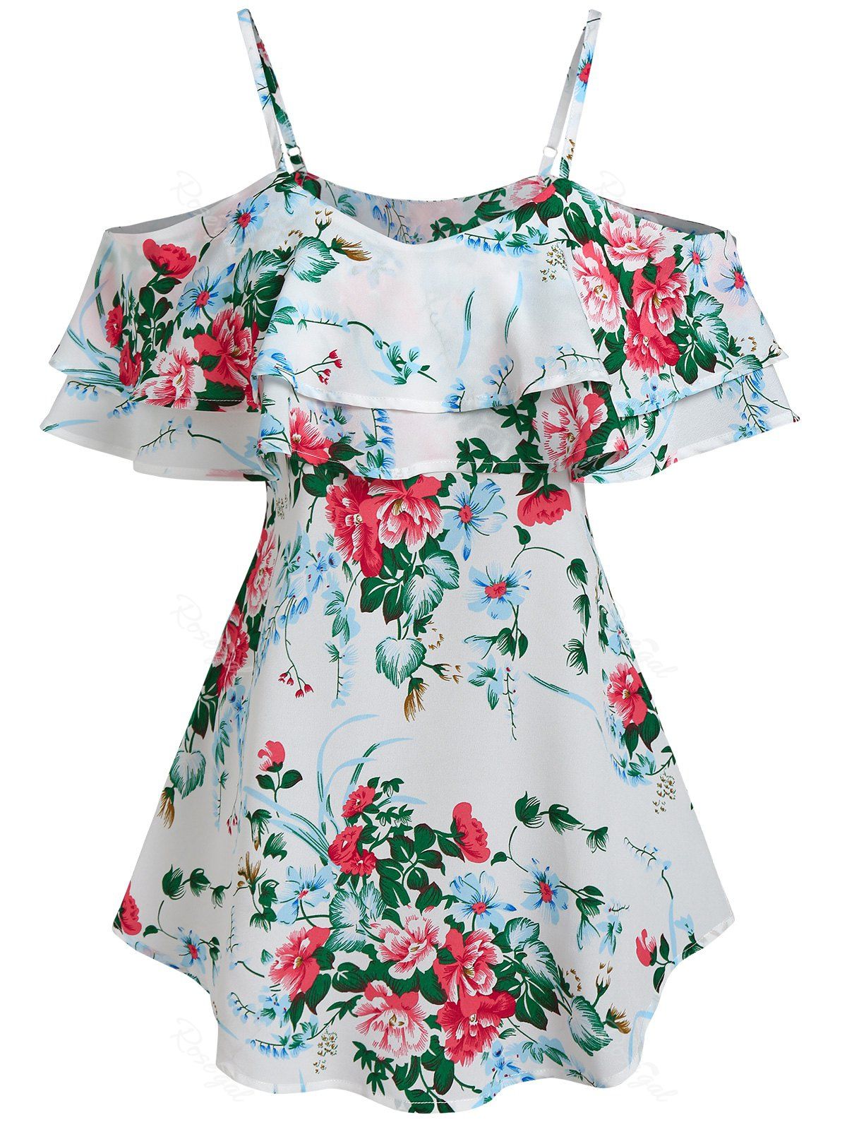 Sale Cold Shoulder Flower Print Flounce T-shirt  