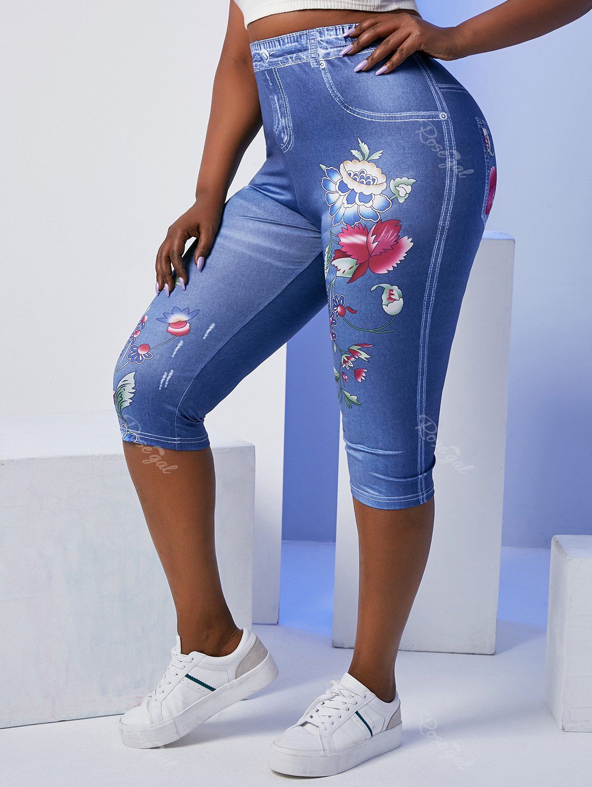 Legging Capri à Imprimé 3D Fleur à Taille Haute de Grande Taille en Jean Bleu 3X