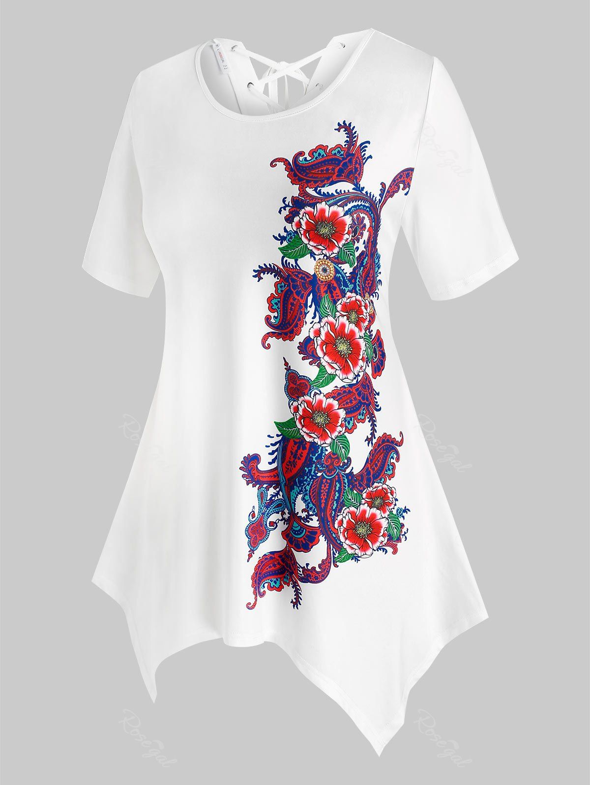 T-Shirt Mouchoir avec Lacets et à Imprimé Floral Grande-Taille Blanc 5X