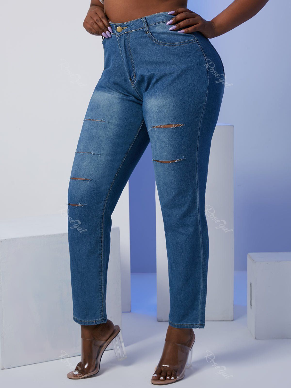 Fashion Ladder Distressed Mid Rise Plus Size Skinny Jeans  