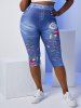 Legging Capri à Imprimé 3D Fleur à Taille Haute de Grande Taille en Jean - Bleu 1X