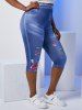 Legging Capri à Imprimé 3D Fleur à Taille Haute de Grande Taille en Jean - Bleu 5X