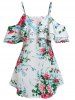 Cold Shoulder Flower Print Flounce T-shirt -  