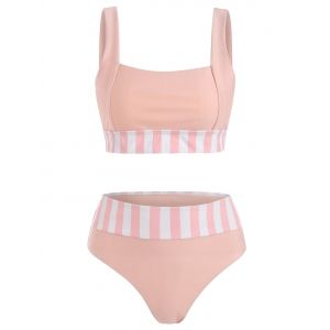 

Striped High Rise Square Neck Bikini Swimwear, Light pink