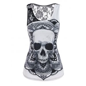 Lace Panel O Ring Skull Print Tank Top, White