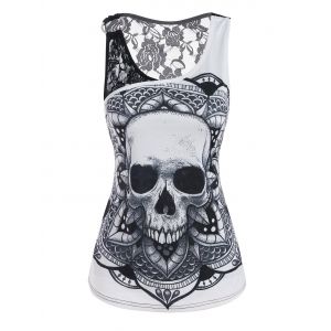 

Lace Panel O Ring Skull Print Tank Top, Black