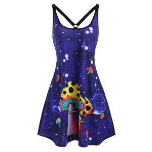 

Mushroom Print Strappy O Ring Tank Dress, Blue