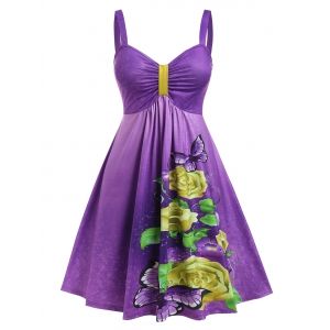 

Plus Size Butterfly Floral Print Ruched Knee Length Dress, Purple