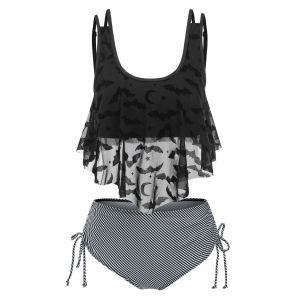 

Stripe Print Bat Crescent Mesh Padded Tankini Set, Black