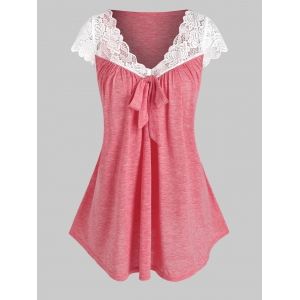 

Flower Lace Insert Bowknot Detail Heathered T-shirt, Light pink