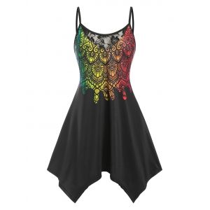 

Plus Size Handkerchief Lace Panel Printed Tank Top, Black